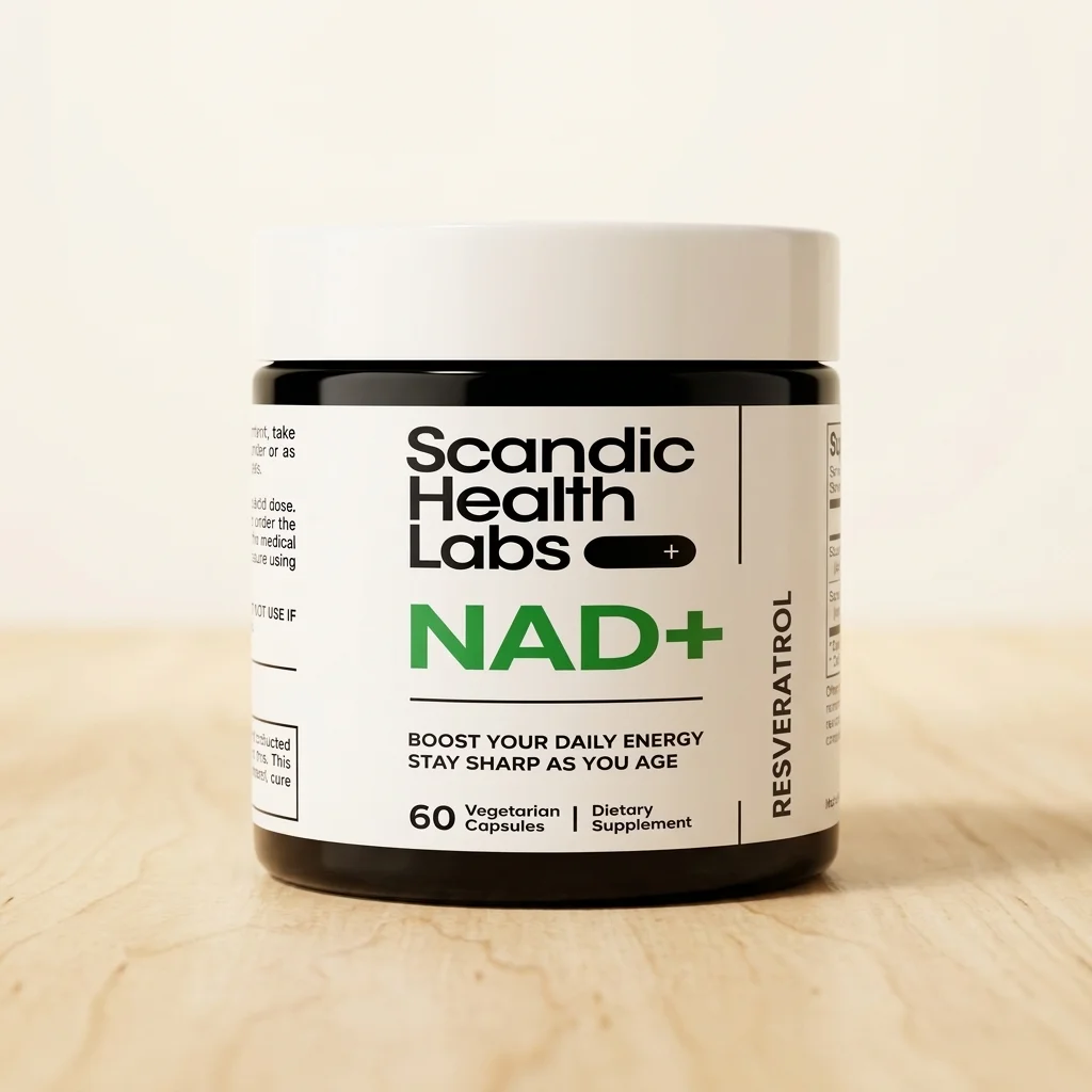 Scandic Health Labs NAD+ supplement bottle on a clean Scandinavian surface with soft natural light